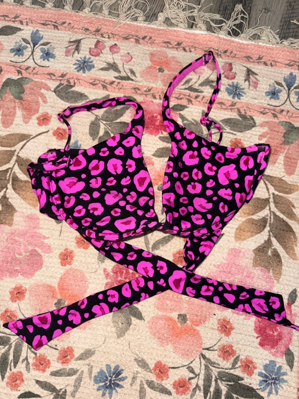 Victoria's Secret Black Bikini Top with Hot Pink Leopard Print Wrap